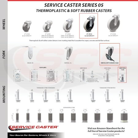 Service Caster 4 Inch Thermoplastic Wheel 7/8 Inch Grip Ring Stem Caster with Brakes, 4PK SCC-GR05S410-TPRS-SLB-71678-4